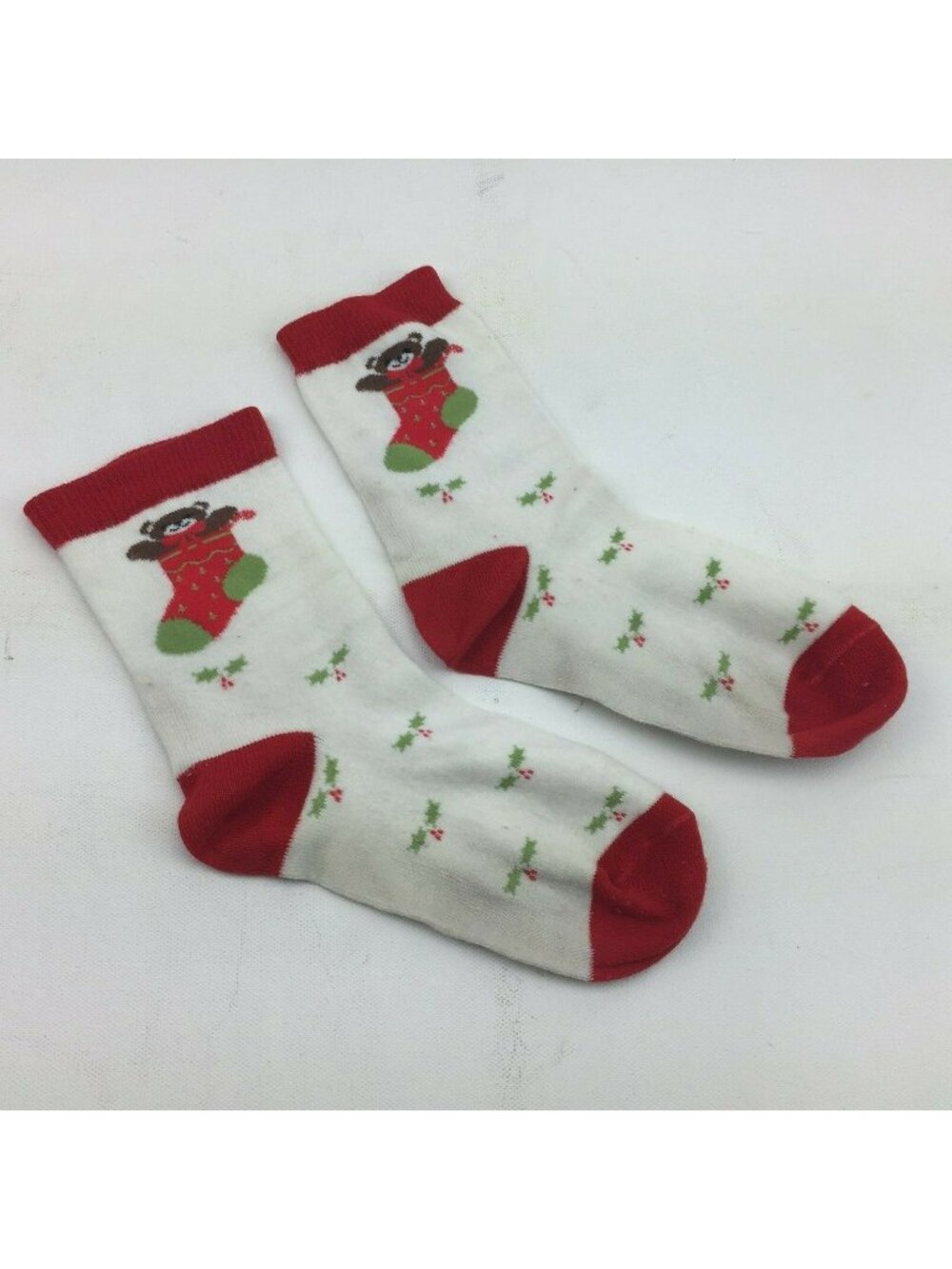 Vintage Christmas Bear Stocking Crew Socks Red Green Holly Berry